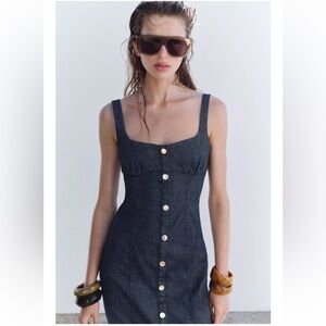 Zara Strappy Dark Blue Denim Midi Dress w. Button Front XS